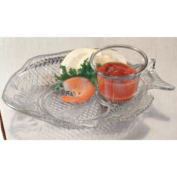 VTG Glass Plates Etched Tapas Appetizer Party Fish Set Shrimp Cocktail Tuscany - Picture 1 of 16